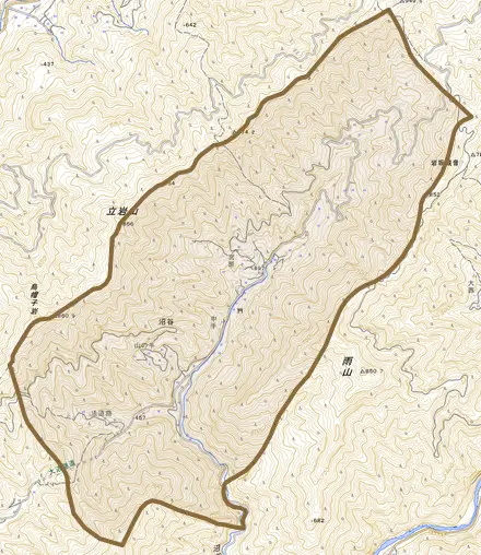 大字沼谷とその周辺の地図。町の範囲を重ねている