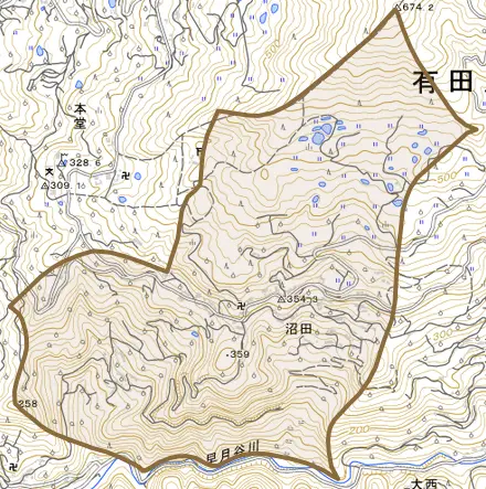 大字沼田とその周辺の地図。町の範囲を重ねている