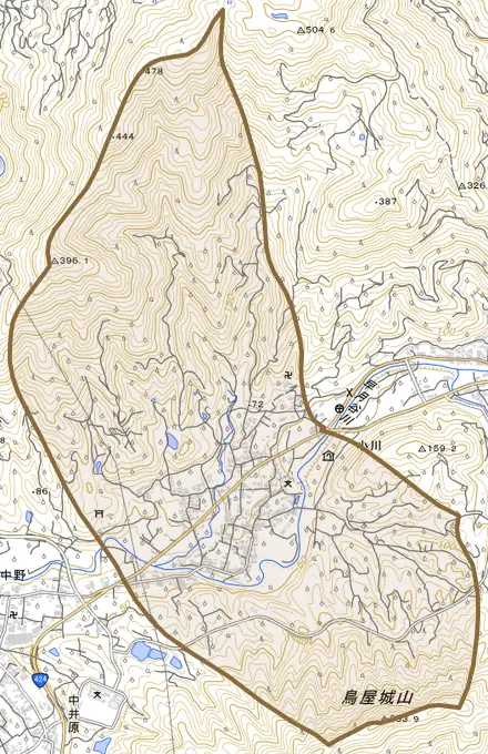 大字小川とその周辺の地図。町の範囲を重ねている