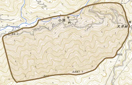 大字小原とその周辺の地図。町の範囲を重ねている