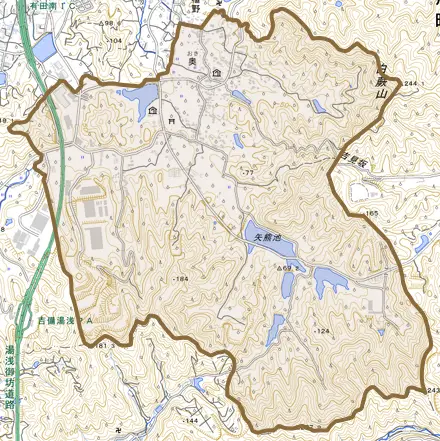 大字奥とその周辺の地図。町の範囲を重ねている