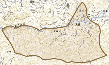 大字大西とその周辺の地図。町の範囲を重ねている