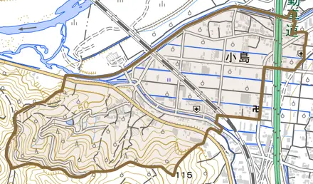 大字小島とその周辺の地図。町の範囲を重ねている