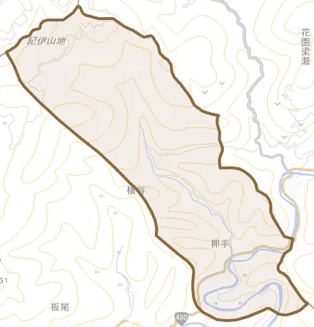 大字押手とその周辺の地図。町の範囲を重ねている