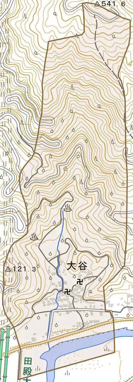 大字大谷とその周辺の地図。町の範囲を重ねている