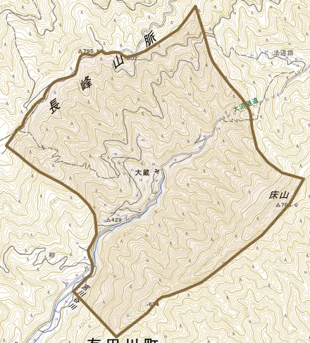 大字大蔵とその周辺の地図。町の範囲を重ねている