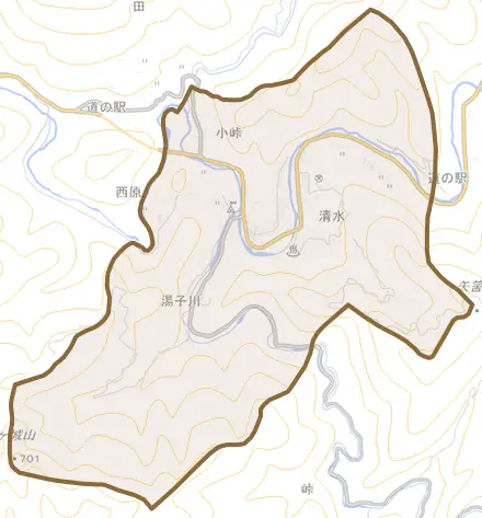 大字清水とその周辺の地図。町の範囲を重ねている