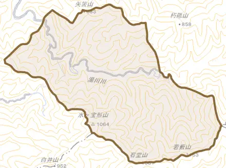 大字下湯川とその周辺の地図。町の範囲を重ねている