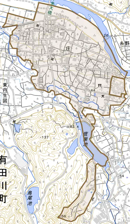 大字庄とその周辺の地図。町の範囲を重ねている