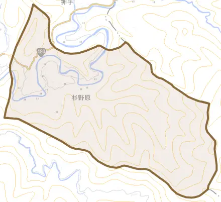 大字杉野原とその周辺の地図。町の範囲を重ねている