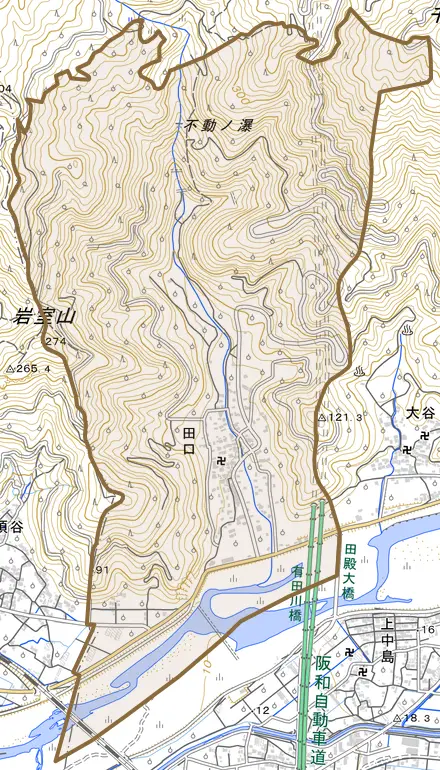 大字田口とその周辺の地図。町の範囲を重ねている
