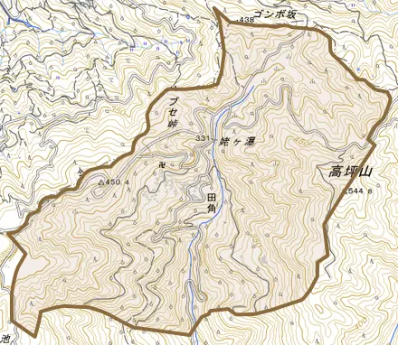 大字田角とその周辺の地図。町の範囲を重ねている