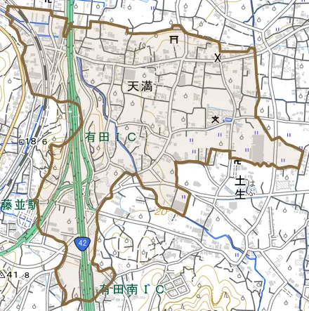 大字天満とその周辺の地図。町の範囲を重ねている