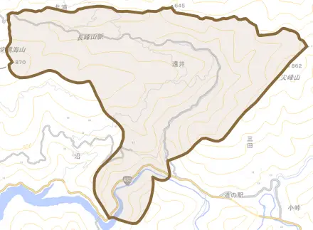 大字遠井とその周辺の地図。町の範囲を重ねている