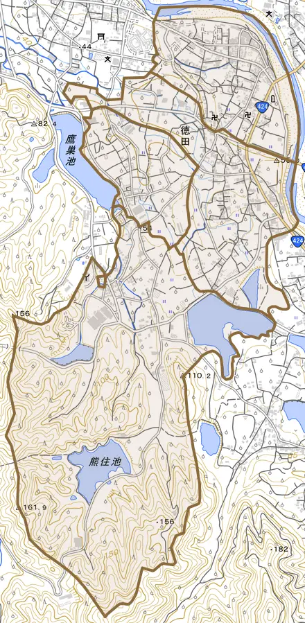 大字徳田とその周辺の地図。町の範囲を重ねている