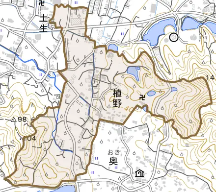 大字植野とその周辺の地図。町の範囲を重ねている