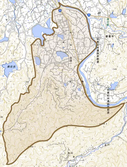 大字吉原とその周辺の地図。町の範囲を重ねている