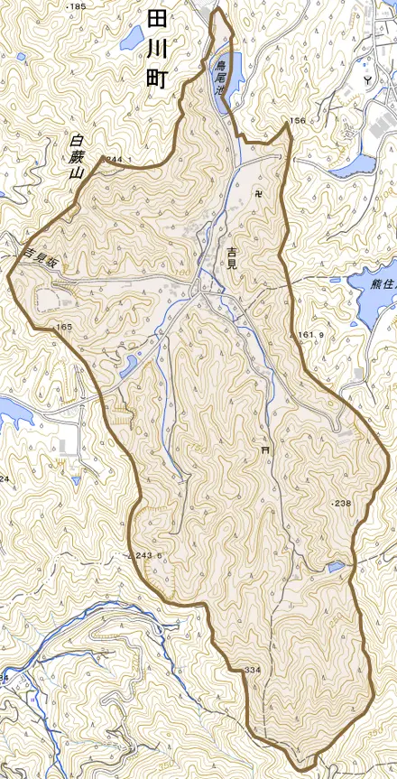 大字吉見とその周辺の地図。町の範囲を重ねている