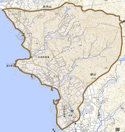 名田町野島とその周辺の地図。町の範囲を重ねている