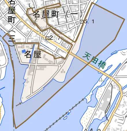 名屋とその周辺の地図。町の範囲を重ねている