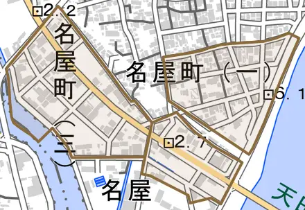 名屋町とその周辺の地図。町の範囲を重ねている