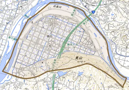野口とその周辺の地図。町の範囲を重ねている