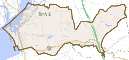 塩屋町北塩屋とその周辺の地図。町の範囲を重ねている