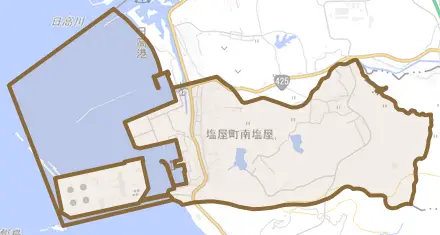 塩屋町南塩屋とその周辺の地図。町の範囲を重ねている