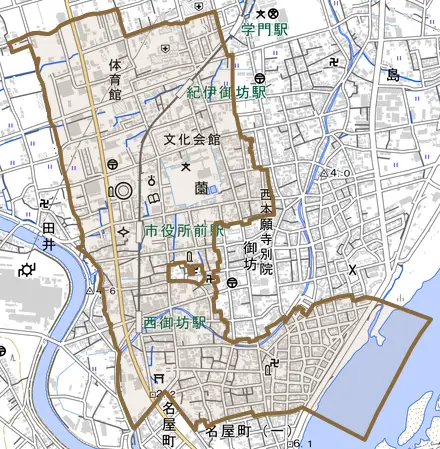 薗とその周辺の地図。町の範囲を重ねている