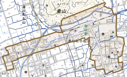 湯川町小松原とその周辺の地図。町の範囲を重ねている