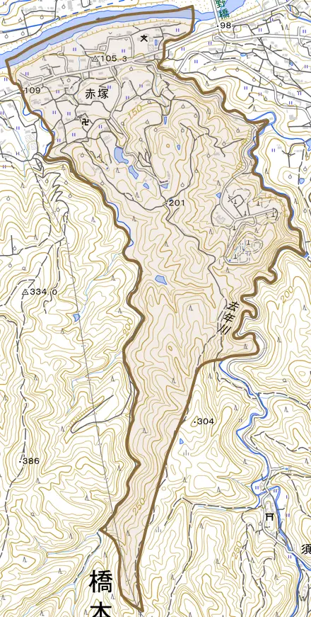 赤塚とその周辺の地図。町の範囲を重ねている