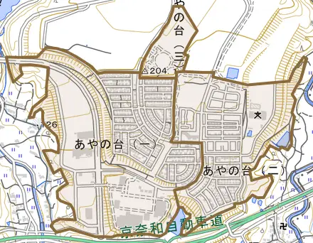 あやの台とその周辺の地図。町の範囲を重ねている