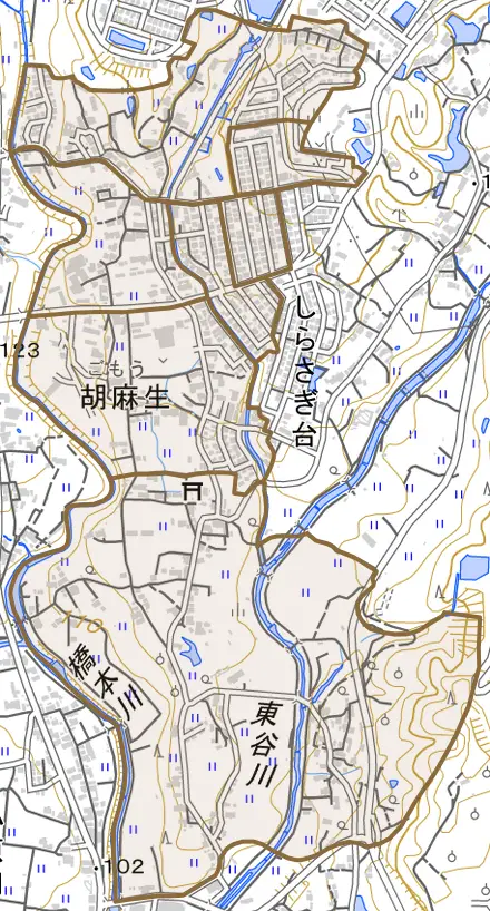 胡麻生とその周辺の地図。町の範囲を重ねている