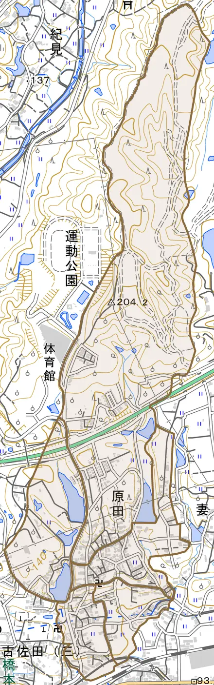 原田とその周辺の地図。町の範囲を重ねている