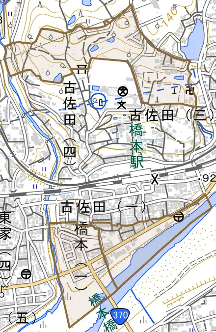 橋本とその周辺の地図。町の範囲を重ねている