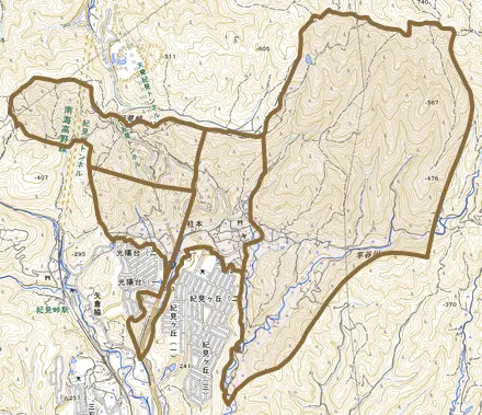 柱本とその周辺の地図。町の範囲を重ねている