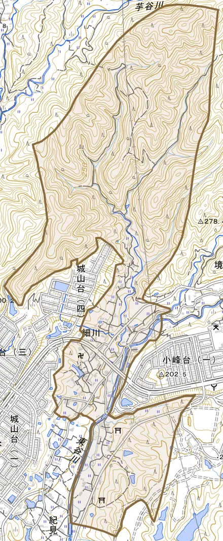 細川とその周辺の地図。町の範囲を重ねている