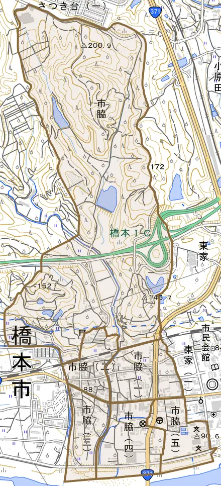 市脇とその周辺の地図。町の範囲を重ねている