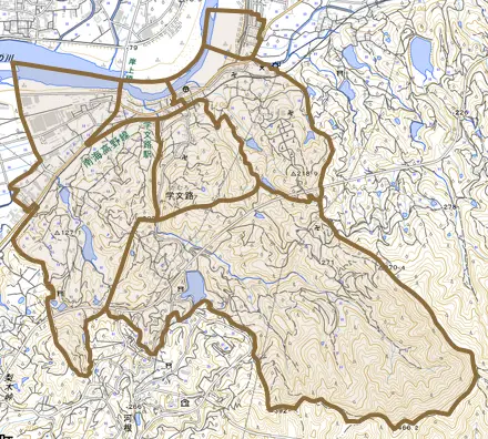 学文路とその周辺の地図。町の範囲を重ねている