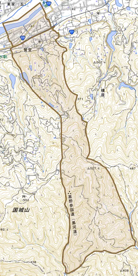 賢堂とその周辺の地図。町の範囲を重ねている