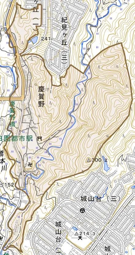 慶賀野とその周辺の地図。町の範囲を重ねている