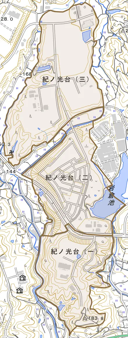 紀ノ光台とその周辺の地図。町の範囲を重ねている