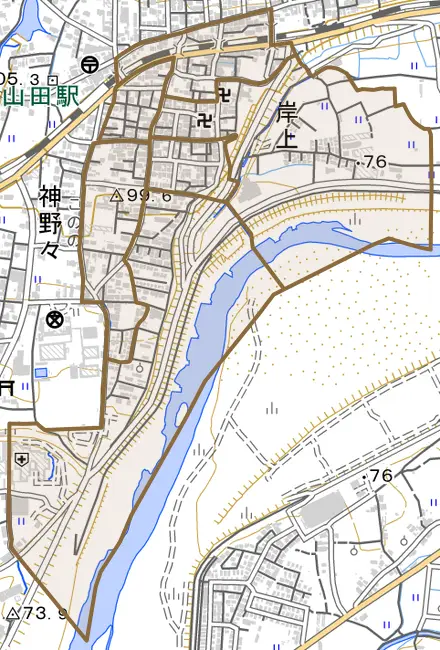 岸上とその周辺の地図。町の範囲を重ねている