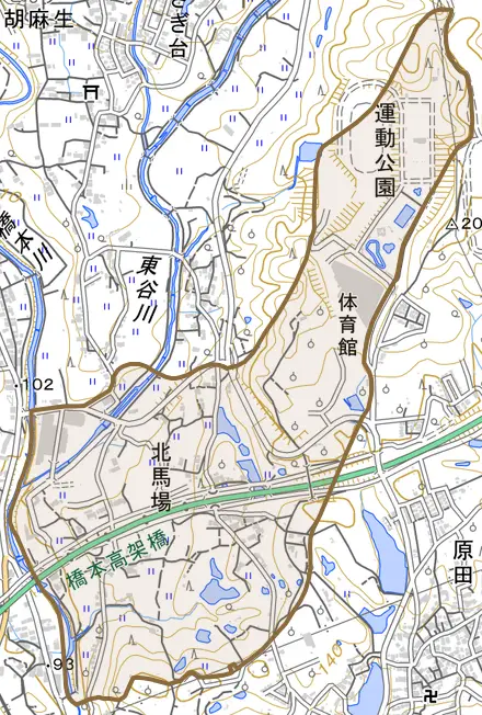 北馬場とその周辺の地図。町の範囲を重ねている