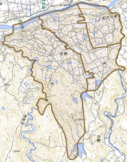 恋野とその周辺の地図。町の範囲を重ねている
