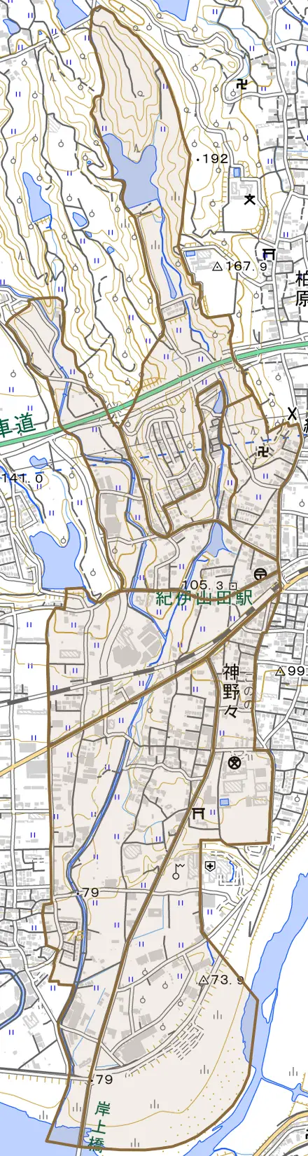 神野々とその周辺の地図。町の範囲を重ねている