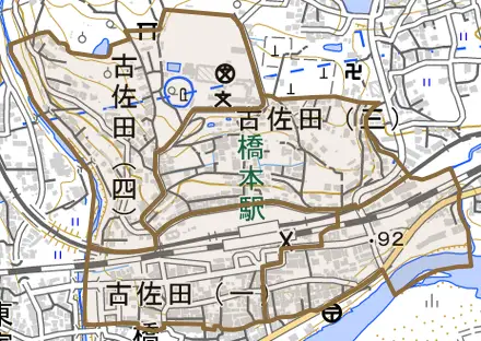 古佐田とその周辺の地図。町の範囲を重ねている