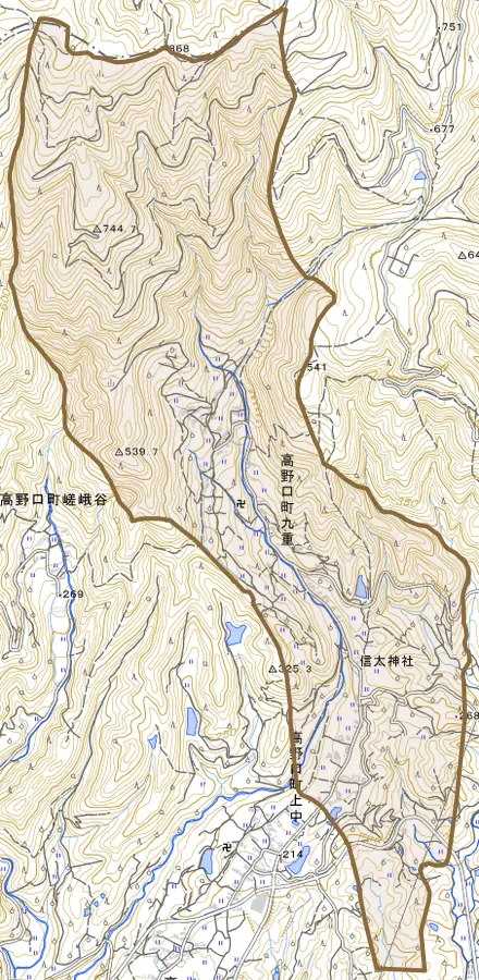 高野口町九重とその周辺の地図。町の範囲を重ねている