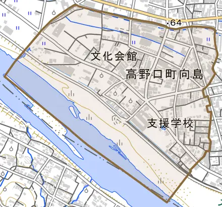 高野口町向島とその周辺の地図。町の範囲を重ねている