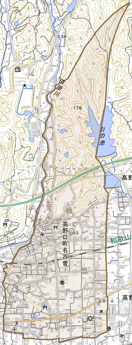 高野口町名古曽とその周辺の地図。町の範囲を重ねている